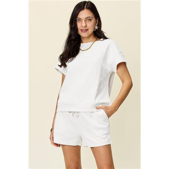 Double Take Full Size Texture Short Sleeve T-Shirt and Drawstring Shorts Set - Picture 6 of 16